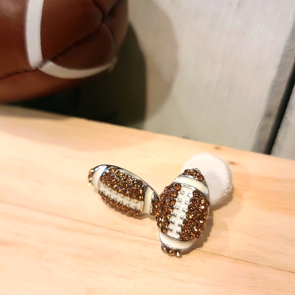 Football NFL sport theme stud earrings - brown rhinestone white enamel NWT - Picture 1 of 9